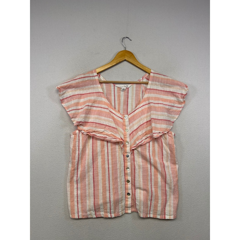 Boho Coastal French Laundry Womens XL Coral Striped Ruffle V-Neck Button Top